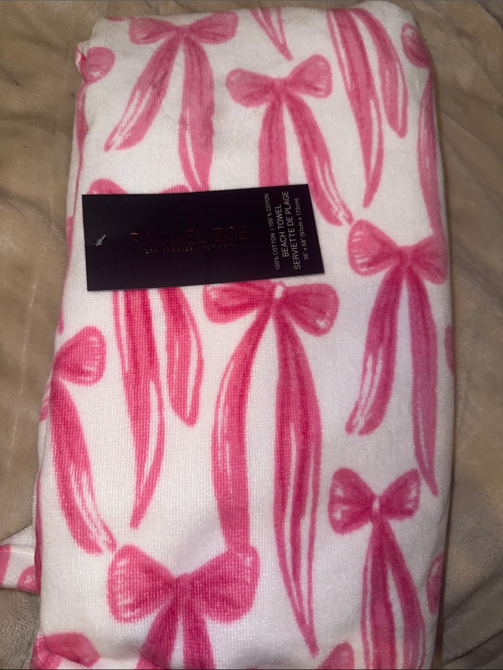 NWT Rachel Zoe Pink Bow Coquette Beach Towel 36 x 68”